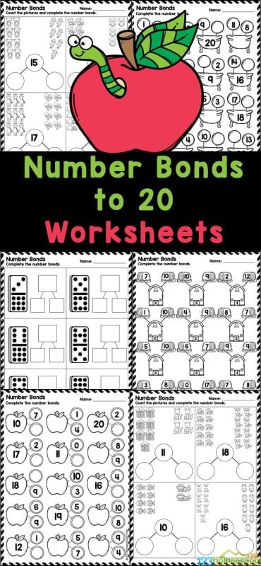 Grab these free number bonds to 20 worksheets to help kindergarten and first grade students practice this important math skills! Using number bonds printables is a great way to improve number sense to lay a firm foundation for future math. Simply download and print the number bond worksheets to practice with your students; the answer key is included!