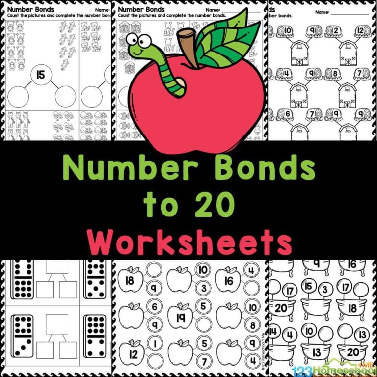 Download these free number bonds to 20 worksheets to help kindergarten and first grade students enhance their math skills and build a strong foundation in number sense!