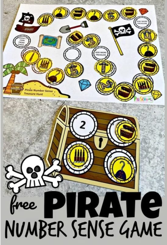 Is your preschool, pre-k, or kindergarten age childen learning number sense? If so this super cute Pirate themed number sense activities is the perfect way to help learn number sense for kids while having fun. For this pirate printable children will move around the number sense games board to plunder gold coins to fill up their treasure chests – all the while working on a number sense activity! Simply print pdf file with number activities for preschoolers and you are ready to learn!