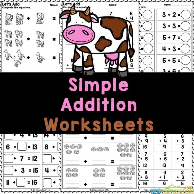 Looking for fun, free, and simple addition worksheets for kindergarten? Download this free printable math set filled with fun practice activities!