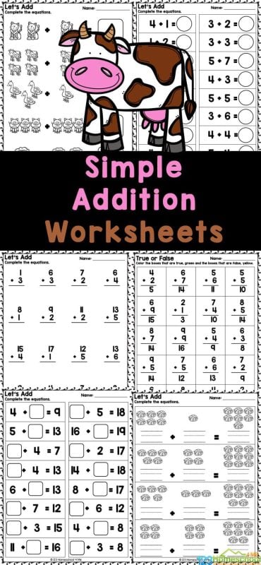 If you are looking for simple addition worksheets, you will love this free printable set of math pages for pre-k and kindergaten age children! These simple addition sheet pdf is filled with easy adding problems including count and add the pictures, addition within 10, addition within 20, fill in the missing addends, and the answer key. Simply download these math simple addition worksheets an dyou are ready to sneak in some fun practice!