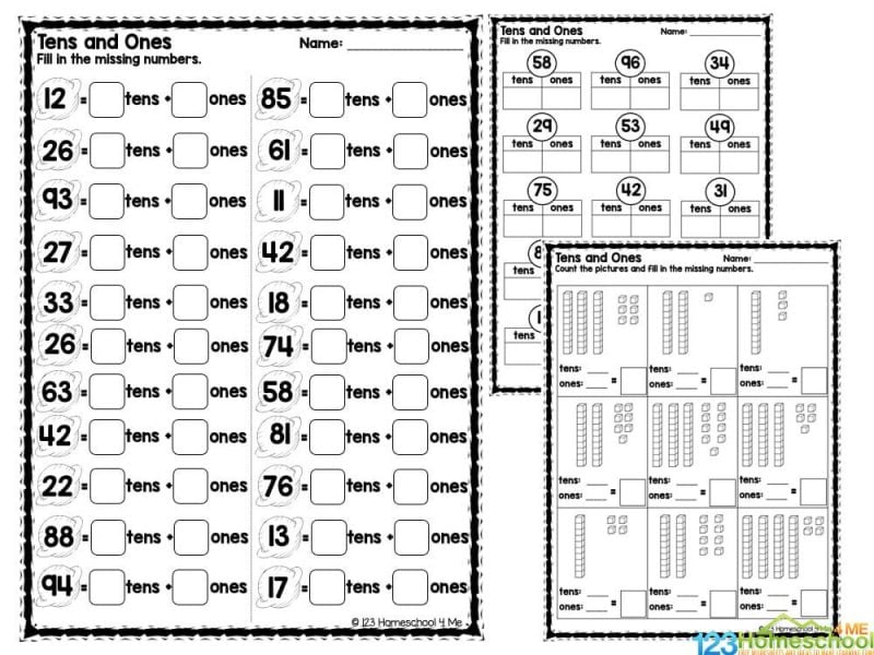 tens and ones math worksheets In this pack, you will receive 12 pages of activities.  Included is a variety of activities:
Fill in the numbers into the correct columns - tens and ones
Write the numbers in the correct box
Fill in the missing numbers in the boxes
Read the numbers that are underlined. Write 't' if it is in the tens place and 'o' if it is in the ones place.
Count the pictures and filling the missing numbers
Circle the number to show the correct place value
Answers are provided
