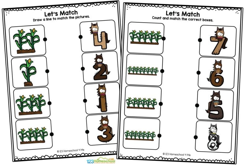 Counting matching worksheets Count the corn and match to the correct number ( 1 - 4 )
Count the corn and match to the correct number ( 5 - 8 )