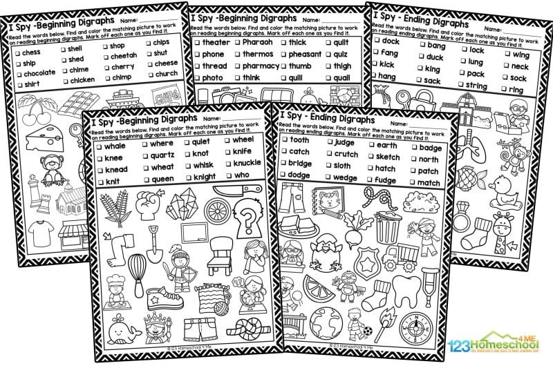 Digraphs worksheets There are four pages that focus on beginning digraphs and three on ending digraphs. Digraphs are pairs of letters that combine to create a single sound. They can be found in many words we use every day. For example, the "ch" in "chair," the "sh" in "shoe," and the "th" in "think."
In these pages we focus on:
Beginning Digraphs - ch, sh, th, ph, qu, wh, qu, wr and kn
Ending Digraphs - ck, ng, sh, ch, th, deg, tch