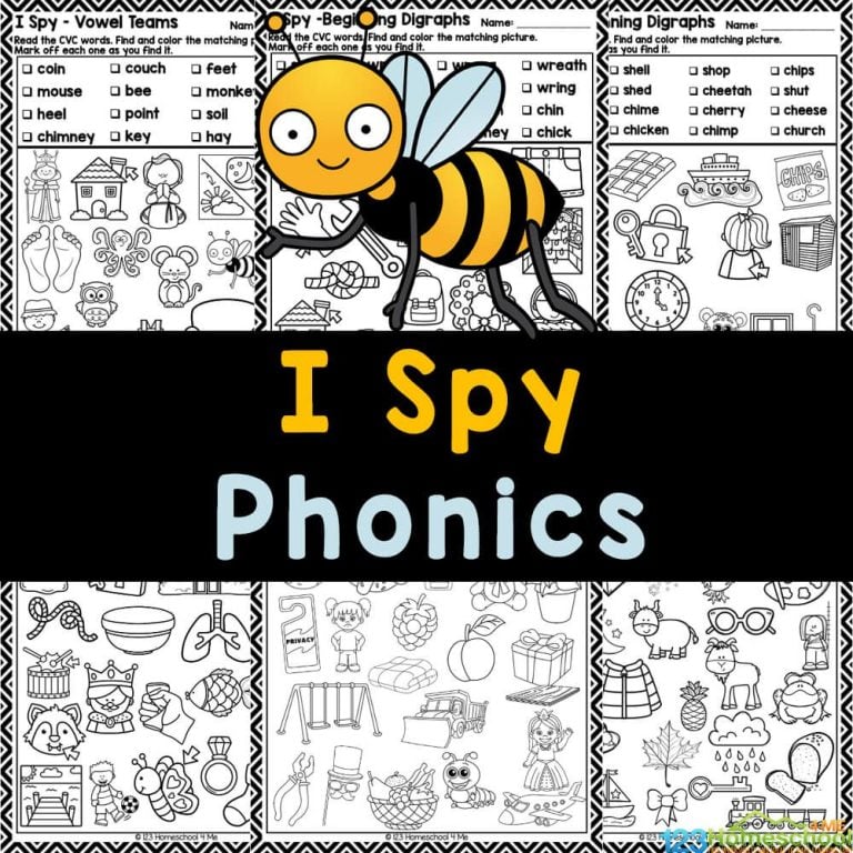 Download fun, free printable Phonics I Spy Worksheets to help kindergarten, 1st grade, and grade 1 students work on beginning blends, digraphs, and vowel teams!