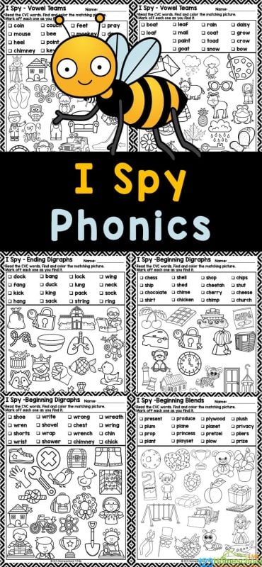 These I Spy Worksheets are a fun, engaging way for students to work on phonics skills! For these phonics worksheets, kindergaten, first grade, and 2nd grade students will read, find, and color the matching pictures. Inlcuded in this set are beginning blends worksheets, digraph worksheets, and vowel team worksheets too!