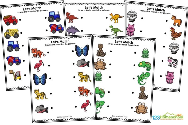 Picture matching worksheets Match the pictures of the construction vehicles
Draw a line to match the same dinosaurs
Match the reptiles and amphibians
Draw a line to match the rainforest animals
Match the science items
Draw a line to match the farm animals