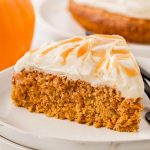 Try our moist and flavorful pumpkin spice cake topped with delicious cream cheese caramel frosting—perfect for cozy fall days!