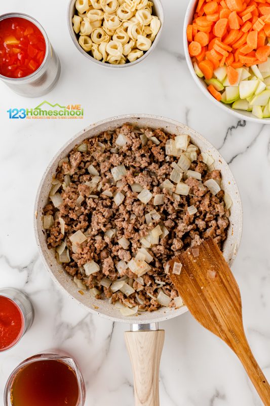 brown sausage Then add the sausage and cook until it's perfectly browned!