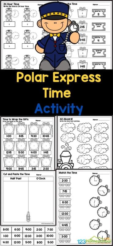 Sneak in some practice telling time to the hour, half hour, quarter after, and quarter till this December with a cute time activity! This polar express activity uses no-prep telling time worksheets to make holiday math. Use these free worksheets with kindergarten, first grade, 2nd grade, and 3rd grade students. Just print the pages that your student needs to work on.