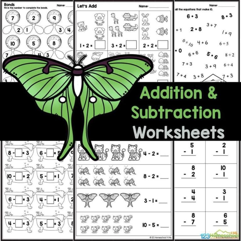 Looking for fun math practice? Check out these adorable and free Kindergarten Addition and Subtraction Worksheets that include 21 pages of exercises with pictures to support young learners, plus an answer key!
