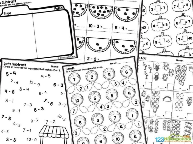 addition and subtraction worksheet for kg There are a total of 21Â adding and subtracting worksheets for kindergarten in this pack. The activities included in this pack are:
Complete the equations both addition and subtraction - count and color the animals
Create the equations by following the pictures - both addition and subtraction equations
Complete the equations using the ten frames - both addition and subtraction equations
Circle or color the equations that make 10 - both addition and subtraction equations
Complete the number bonds
Color according to the code - both addition and subtraction equations
Fill in the missing addends - both addition and subtraction equations
Color the equations that match the answer - both addition and subtraction equations
Complete the vertical equations - both addition and subtraction equations
Cut and paste into the correct columns - true and false - both addition and subtraction equations
Let's subtract - counting the watermelon seeds
Answers included