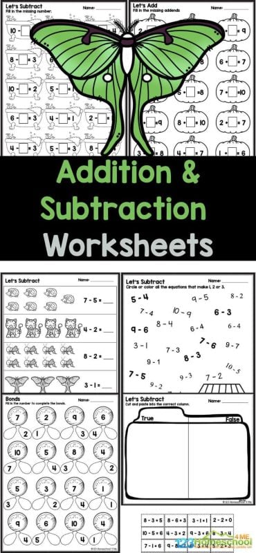 Looking for extra math practice? Download these super cute and free Kindergarten Addition and Subtraction Worksheets! These 21 pages of add and subtract worksheets for kindergarten include a variety of practice with pictures to help guide young learners. The answer key for these adding and subtracting kindergarten worksheets is included!