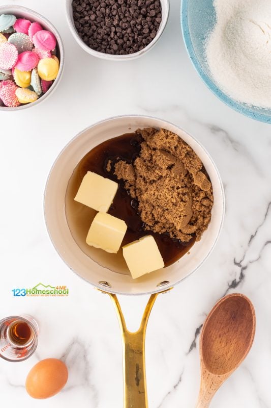 melt butter with brown sugar In a medium pan heat and stir brown sugar, butter, and water over low heat until butter is melted.