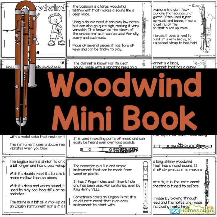 Download this free printable mini-book to help kids learn about various woodwind instruments like the saxophone, clarinet, flute, and more!
