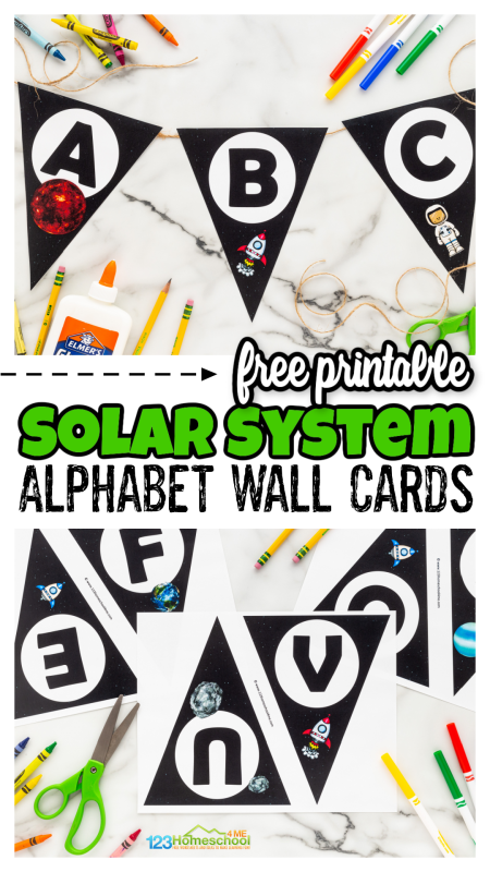 Are you looking for pennant letters to bring to life you solar system theme? These free solar system alphabet cards are perfect for hanging on the wall at home or in the classroom. Use these solar system printables to help pre-k, kindergarten, and first grade learn their abc letters while having fun with an out-of-this-world theme!