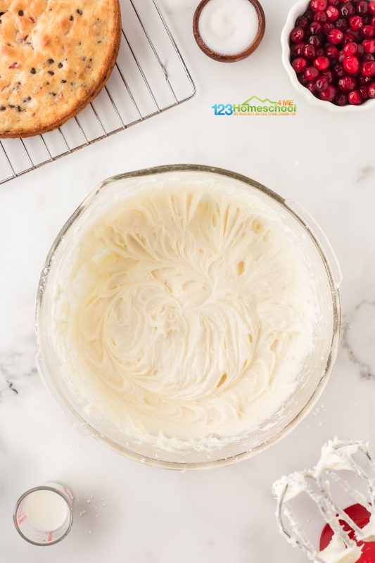 make cream cheese frosting While your cakes are cooling, it’s the perfect time to whip up some delicious frosting! Grab your electric mixer and combine butter, cream cheese, powdered sugar, and vanilla until smooth and creamy. If your frosting is a little too thick, gently mix in 2 tablespoons of milk. If it still needs a little more looseness, add that 3rd tablespoon.