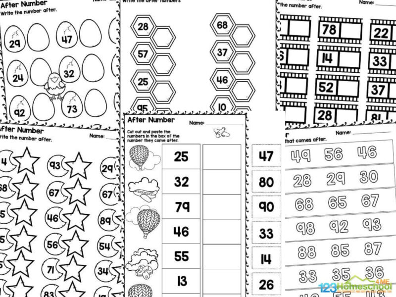 After Number Worksheet There are a total of 11 activity pages in this pack. The activities included in this pack are:
Fill in the after numbers in the honeycomb
Fill in the after numbers in the boxes
Write the after numbers in the hot dogs
Write the after numbers in the pumpkins
Fill in the after numbers in the stars
Color the after numbers
Cut and paste the after numbers
Write the number after in the clouds
Write in the number after in the film
Fill in the after numbers in the eggs
Answers included