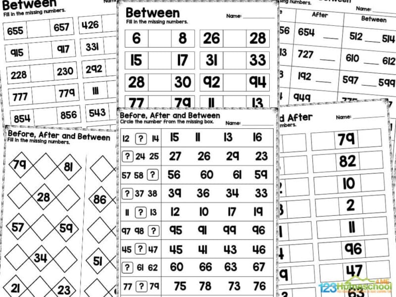 After before between worksheet There are a total of ten pages of activities with answers included. The before, after and between pages in this worksheet pack include both simple double digit numbers and more advanced tripple digit numbers to accomidate a range of learners and grow with them!
Write the numbers that come before and after
Write the numbers that come between
Write the numbers that come before, after and between
Circle the number that comes before, after or between
There are multiple pages of each activity
The numbers range from single digits all the way up to triple digits