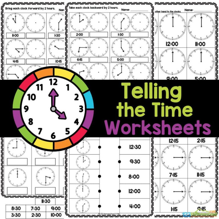 Practice using an analog clock to the hour, half hour, and then 15 minutes using our free Telling the Time Worksheets for kindergarten and 1st grade students!