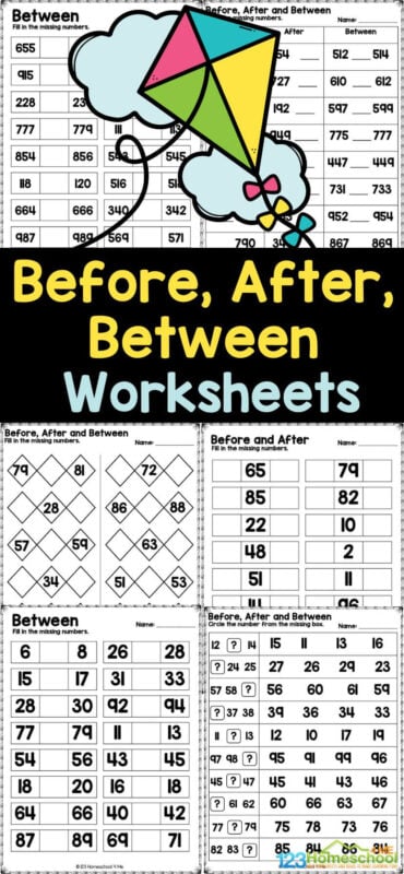 Once students have learned their numbers, students need to form a strong understanding of the order and relationship of numbers to the numbers around them. Using before after between worksheets is a great way to practice. These free printable Before Between After Worksheets for Kindergarten and first grade students are a great way to make practice simple and fun! Simply download the After Before Between Worksheet pack and you are ready to practice, and the answer key is included! Once students have learned their numbers, students need to form a strong understanding of the order and relationship of numbers to the numbers around them. Using before after between worksheets is a great way to practice. These free printable Before Between After Worksheets for Kindergarten and first grade students are a great way to make practice simple and fun! Simply download the After Before Between Worksheet pack and you are ready to practice, and the answer key is included!