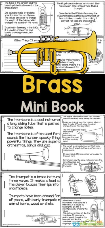 Learn aboutย brass instruments for kids with this free printable mini-book. Simply download the booklet to teach kids of all ages about various brass instruments including the baritone, bugle, cornet, flugelhorn, French horn, trombone, trumpet, and tuba. This brass instrument mini book is perfect for kids of all lessons as a music lesson or mini unit on instruments. Learn aboutย brass instruments for kids with this free printable mini-book. Simply download the booklet to teach kids of all ages about various brass instruments including the baritone, bugle, cornet, flugelhorn, French horn, trombone, trumpet, and tuba. This brass instrument mini book is perfect for kids of all lessons as a music lesson or mini unit on instruments.