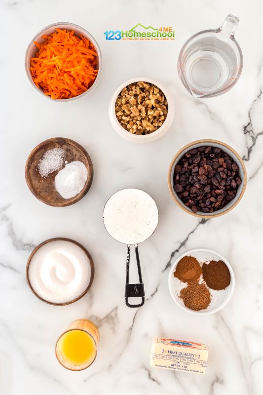 Carrot Bars Ingredients All you need whip up these yummy bars are a few simple ingredients:
granulated sugar
ground cloves
ground nutmeg
ground cinnamon
raisins
carrots
water
orange juice
butter
all-purpose flour
baking soda
salt
walnuts