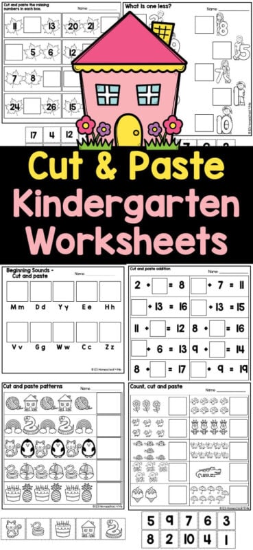 Children in kindergarten will love improving their fine motor skills and cutting skills with these free printable cut and paste kindergarten worksheets. This pack is filled with fifteen pages of patterns, letters, initial sound, cvc words, rhyming words, numbers, counting, comparing, shapes, and more for children to cut out and paste. This cut and paste activity Kindergarten will help kids strengthen their fine motor skills, as will the coloring in of the pictures before cutting them out.