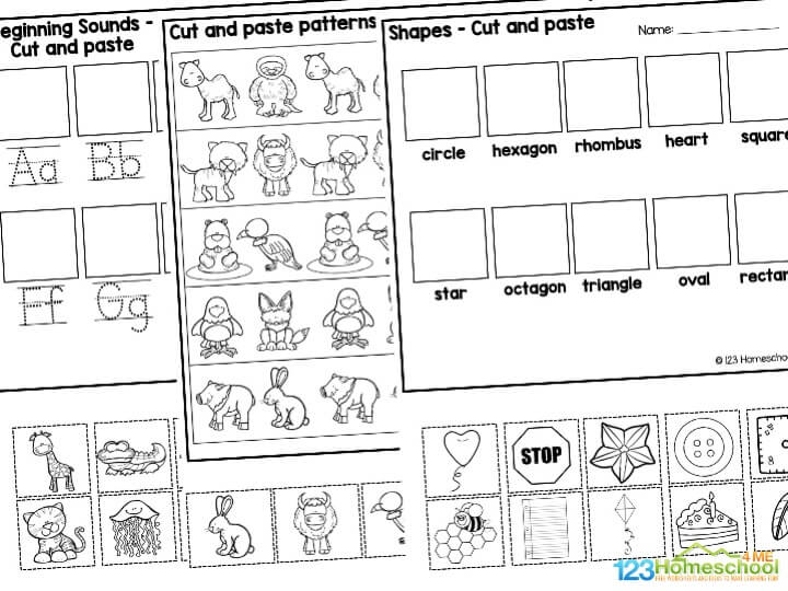 Cut and paste activities for preschool In this pack, you will receive fifteen pages that contain a variety of cutting lines. Included are cut and paste pages to:
Complete the patterns
Cut and paste alphabet match
Beginning sounds cut and paste
CVC cut and paste
Matching numbers cut and paste
Number words cut and paste
Shapes cut and paste
Cut and paste the sizes from small to large