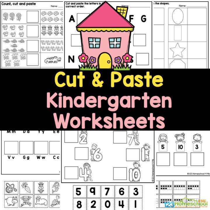 Work on fine motor skills with these free printable cut and paste kindergarten worksheets featuring patterns, letters, words, numbers, and more!