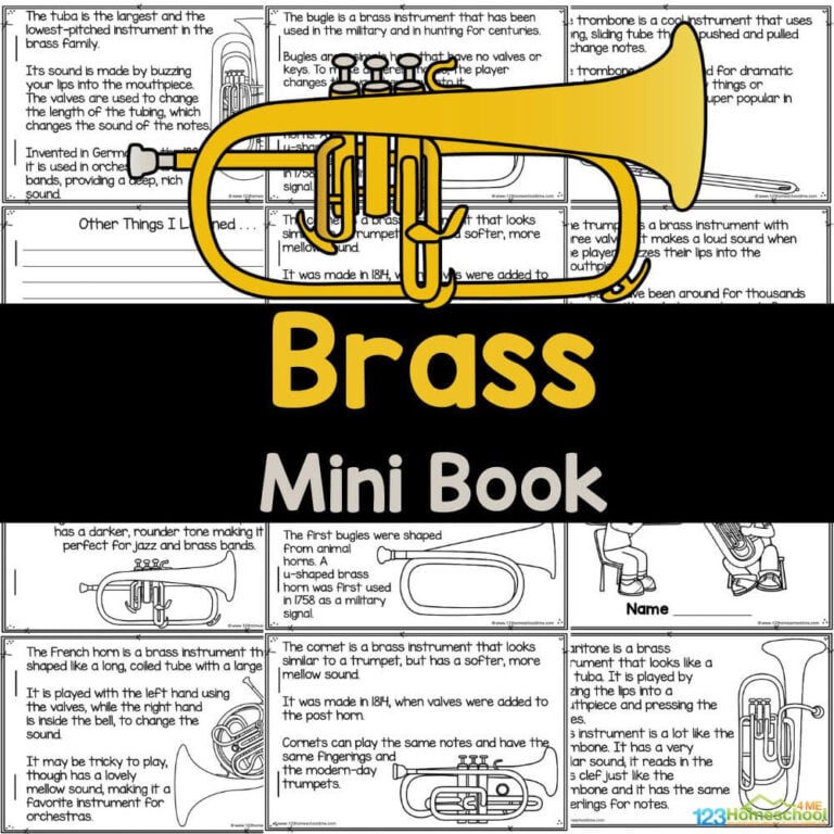 Check out this free printable mini-book on brass instruments, perfect for teaching kids of all ages about instruments like the baritone, bugle, cornet, and more, making it an excellent resource for music lessons or band introductions!