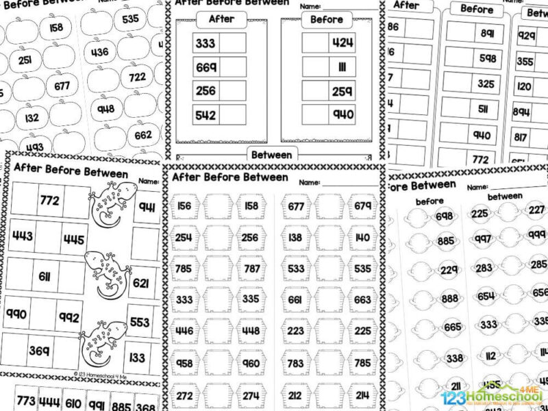 before between after worksheets for kindergarten There are a total of ten pages of activities with answers included. The after, before and between pages in this worksheet pack include: Write the numbers that come before, after and between in the pies Write the numbers that come before, after and between in the planets Write the numbers that come between in the treasure chests Write the numbers that come before, after and between in the pumpkins Cut and paste the numbers that come before, after and between - kites Cut and paste the numbers that come before, after and between - gecko Write the numbers that come before, after and between - four different pages