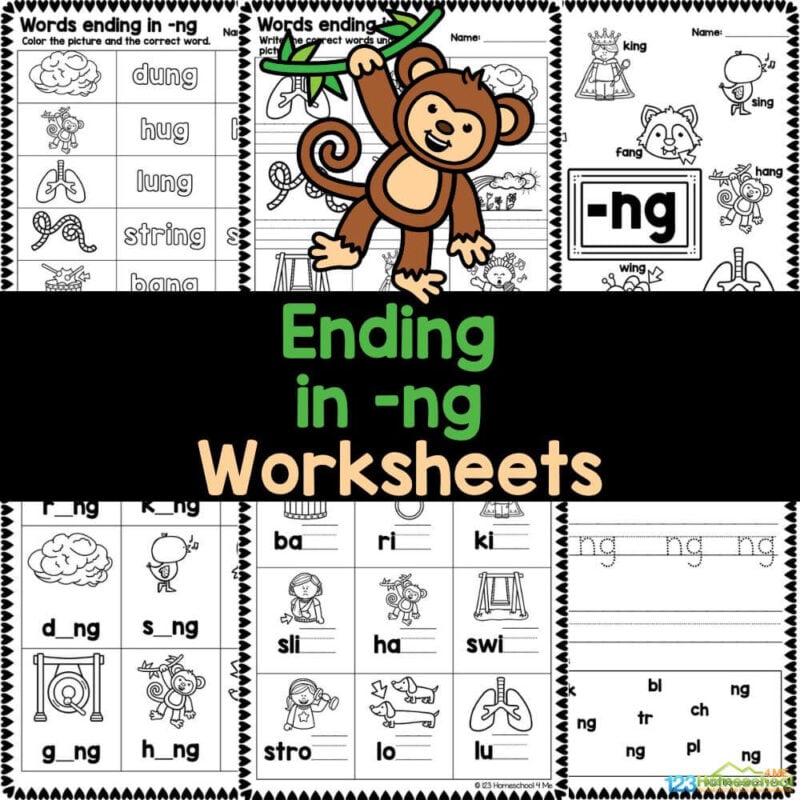 Grab set of FREE printable ng digraph worksheets for kindergarten and first grade, featuring engaging activities to help them master words ending with ng.