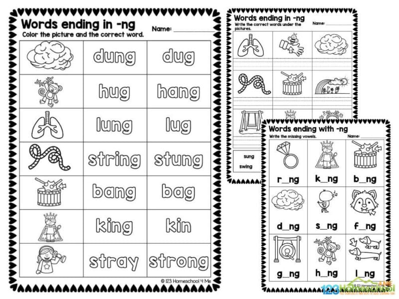 ng ending words Use these free, printable worksheets to practice and improve reading, vocabulary and writing skills. Also, through completing these worksheets children will be practicing working on their fine motor skills. These are important skills that they will need later in life. These simple, yet thorough worksheets are a wonderful tool for young children to help improve their literacy skills.