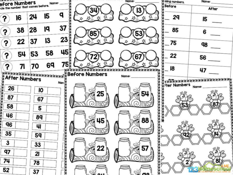 Before after worksheets for kindergarten This pack has all pages in black and white. There are a total of 12 activity pages in this pack. The activities included in this pack are:
Fill in the before numbers
Fill in the after numbers
Write in the before and after numbers
Circle the before numbers
Circle the after numbers
Fill in the missing before and after numbers on the line
Write the before and after numbers in the box
Write the before and after numbers in the diamonds
Fill in the before numbers in the jars
Fill in the after numbers in the jars
Write the before and after numbers in the honeycomb
Write the before and after numbers in the moons
Answers included