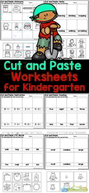 Get ready to make learning fun with our free cut and paste worksheets for kindergarten! This set is filled with 15 pages of cut and paste activity kindergarten covering a wide range of skills including: sizes, shapes, counting, addition, ten frames, addition, cvc words, rhyming words,  adverbs, verbs, homonyms, antonyms, and more! Simply download the cut and glue printables and you are read to add these pages to your learning!