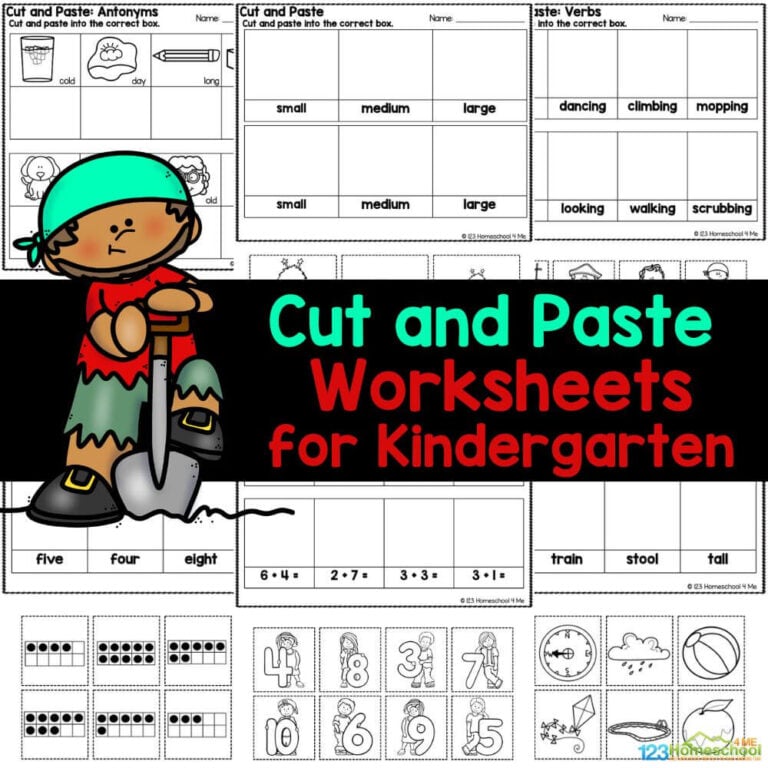Discover our fun and free cut and paste worksheets for kindergarten, featuring 15 pages of engaging activities to enhance skills in sizes, shapes, counting, addition, and more!
