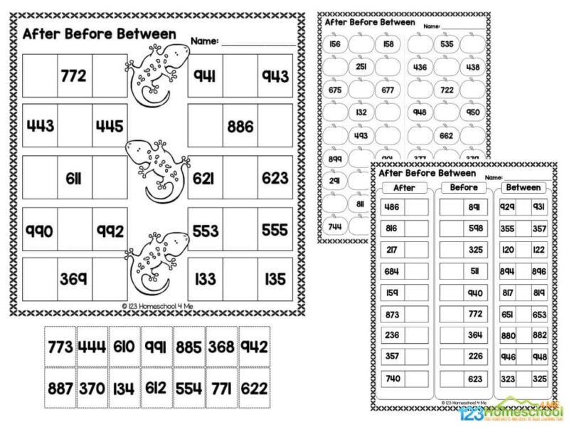before after between worksheet for class 1 Encouraging 1st graders to work on before, after, and between worksheets that involve more complex three-digit numbers is essential for their mathematical development. These activities help young learners deepen their understanding of number sequences and improve their number sense. By engaging with larger numbers, students start to recognize patterns and relationships, which boosts their confidence in handling math challenges. Working with three-digit numbers also prepares them for future concepts they will encounter in school, laying the groundwork for addition and subtraction of larger values. Additionally, these exercises promote critical thinking skills and foster independence in learning. By challenging them with more complex tasks, we inspire curiosity and support their overall growth in mathematics. Let's give our kids the tools they need to succeed and watch them thrive!
