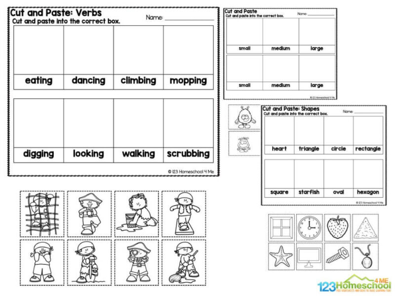 cut and paste for kindergarten These free cut and paste printables come in black and white. In this pack, you will receive fifteen pages that contain a variety of cutting lines. Included are cut and paste pages to:
Small, medium, large cut and paste - two pages
CVC Words cut and paste - two pages
Rhyming words cut and paste - two pages
Shapes cut and paste
Counting cut and paste
Ten Frames cut and paste