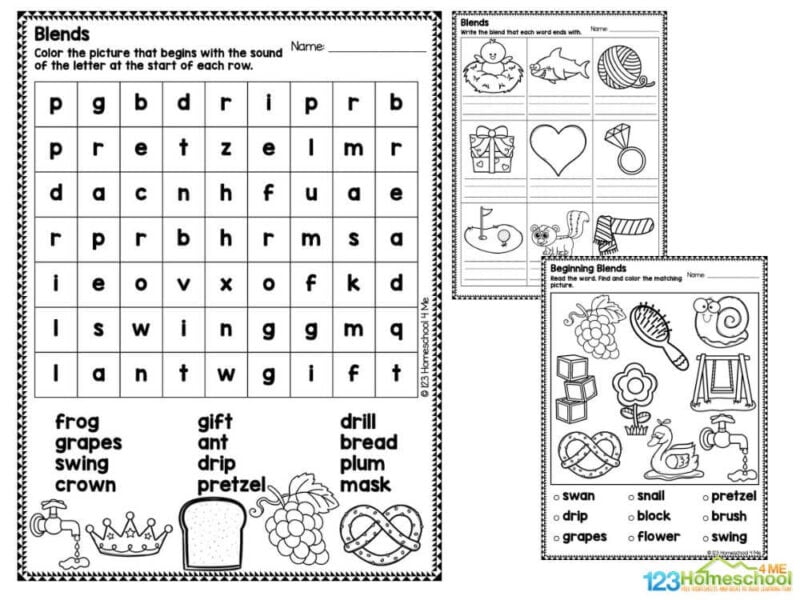 kindergarten blends worksheets These grade 1 and kindergarten blends worksheets include:
beginning consonant blends such as: fr, sw, cl, st, dr, sk, tr, bl, cr, sn, pr, fl, pl, sn, cl
ending consonant blends like the following: st, rk, rn, ft, rt, ng, lf, nk, rf, ld, rp, nt, rm, nd, mb.