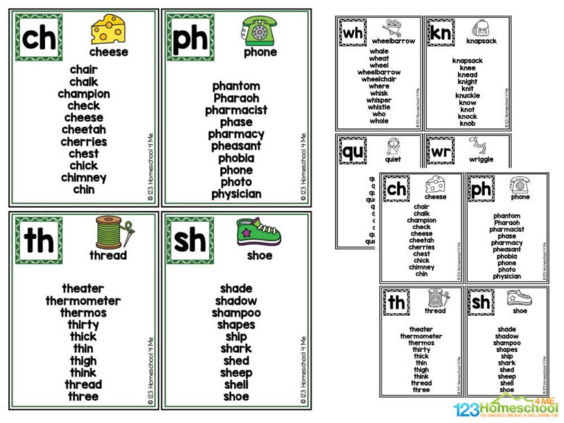 Four pages with four cards per page Each card contains the blend, a main picture and the word underneath it and a list of at least 5 or more words that contain the blend Each of these pages come in color and black and white This is where the fun begins. There are four pages of color flashcards in this printable pack. The same four pages also come in black and white. The digraphs that are found in this pack are: ch, ph, th, sh, wh, kn, qu, wr, and the ending digraphs include ck, ne, ch, sh, th, tech and dge.