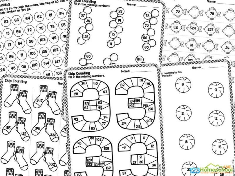 Skip counting in 3s worksheet The skip counting pages in this worksheet pack include:
Color the boxes and fill in the missing numbers
Fill in the missing numbers in the socks
Fill in the missing numbers in the fish
Count by 3's dabbing or coloring the numbers as you go
Count by 3's, starting at 60, dabbing or coloring the numbers as you go
Fill in the missing numbers
