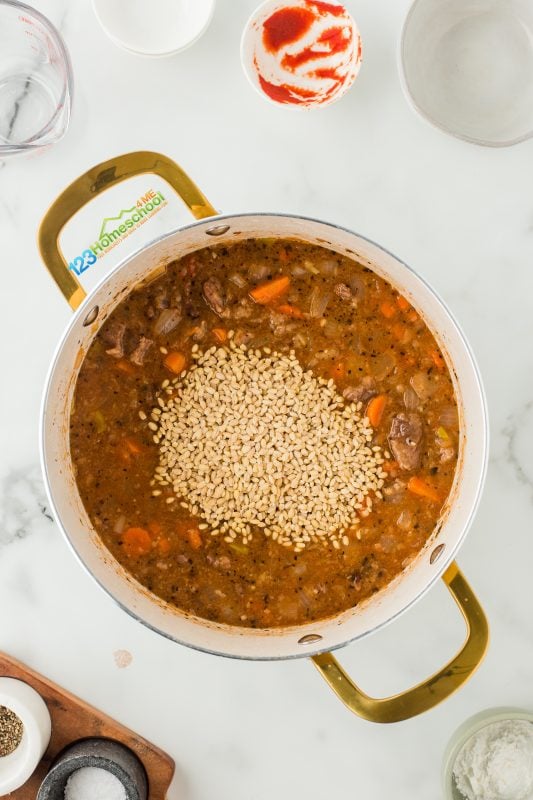 add in the barley Stir in the barley and let it simmer for an additional 45 minutes, or until the barley is tender and delicious!