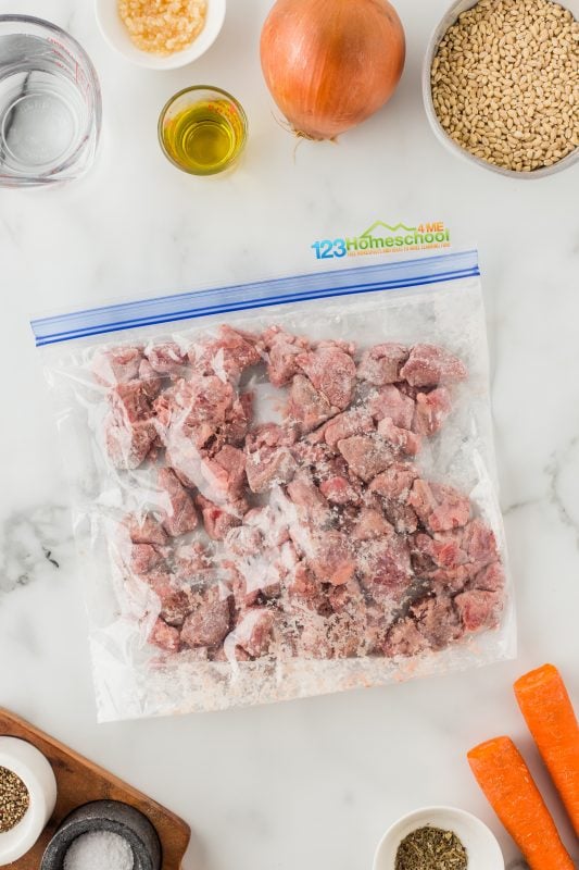 beef barley soup easy Chop the beef into bite-sized pieces. In a plastic bag, combine 1/4 cup of flour, salt, and pepper, then add the meat. Shake it up until the beef is evenly coated.