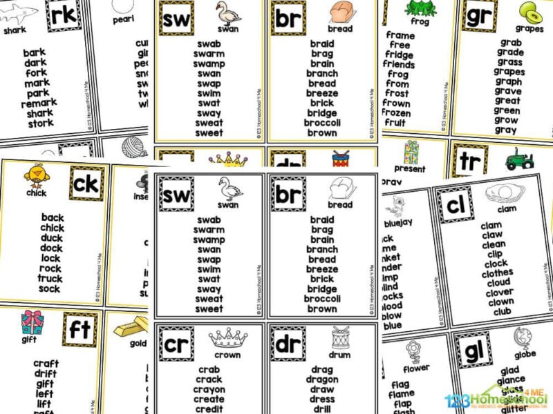 consonant blend cards The blends that are found in this pack include both beginning consonant blends and ending consonant blends too.
Beginning consonant blends
bl - black, blame, blanket, blende, rblimp, blind, blocks, blood, blow, blue
cl - clam, claw, clean, clip, clock, clothes, cloud, clover, clown, club
fl - flag, flame, flap, flash, flat, flip, floss, flower, flute, fly
gl - glad, glance, glass, slide, glitter, globe, gloss, gloves, glow, glue
pl - plan, plant, plate, play, platter, please, plenty, plop, plum, plus
sl - slam, slap, sled, sleep, sleeve, sleigh, slice, slime, slop, sloth
br - braid, brag, brain, branch, bread, breeze, brick, bridge, broccoli, brown
cr - crab, crack, crayon, create, credit, cricket, cross, crow, crust
dr - dragg, dragon, draw, dress, drill, drink, drop, drum, dry, dragonfly
fr - frame, free, fridge, friends, frog, from, frost, frown, frozen, fruit
gr - grab, grade, grass, grapes, graph, grave, great, green, grow, gray
pr - pray, prayer, prairie, preset, pretzel, pretty, price, pride, print, prize
tr - tractor, trade, traffic, train, trash, travel, tray, tree, truck, trush
sc - scab, scale, scar, scarf, scare, scoop, scooter, scuba, score, scorpion
sk - skate, skeleton, skirt, skillet, skin, skip, skunk, skull, sky, ski
sm - small, smart, smash, smear, smell, smile, smock, smoke, smooth, smore
sn - snail, snake, snap, sneaker, sneeze, snip, snorkel, snout, snow, snore
sp - space, spade, spider, spill, spin, sponge, spoon, sport, spot, spy
st - stable, stack, star, steam, stem, stick, sting, stir, stool, storm
sw - swab, swarm, swamp, swan, swap, swim, swat, sway, sweat, sweet
Ending consonant blends
ck - back, chick, duck, dock, lock, rock, truck, sock
ct - act, bisect, correct, elect, insect, inspect, project, subtract
ft - craft, drift, gift, left, lift, raft, sift, soft
ld - bold, build, cold, fold, gold, sold, told, wild
lf - calf, elf, golf, gulf, self, shelf, wolf, half
lk - bulk, chalk, elk, hulk, milk, silk, stalk, walk
lm - balm, calm, elm, film, helm, palm, realm
lp - alp, gulp, help, kelp, pulp, calp, yelp
lt - belt, bolt, colt, halt, kilt, melt, quilt, salt
mb - bomb, camp, climb, comb, lamb, limb, thumb
mp - bump, damp, hump, jump, lamp, ramp, stamp, swamp
nd - band, bend, hand, kind, land, pond, sand, round
nk - bank, link, mink, pink, skunk, sink, tank, trunk
nt - ant, bent, pant, plant, print, sent, tent, want
rd - award, bird, card, cord, mustard, sword, yard
rf - dwarf, scarf, Smurf, surf, turf, wharf