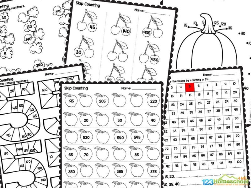 counting by 5 worksheets The skip counting pages in this worksheet pack include: Color the boxes and fill in the missing numbers Fill in the missing numbers in the cherries Fill in the missing numbers in the shells Count by 5's dabbing or coloring the numbers as you go Count by 5's, starting at 70, dabbing or coloring the numbers as you go Fill in the missing numbers