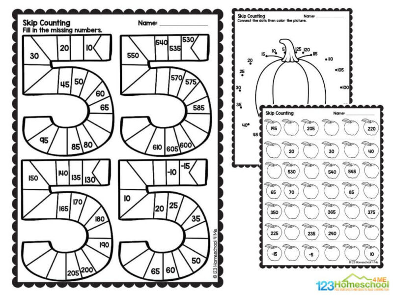 counting by 5's worksheet Connect the dots by counting in 5's Connect the dots by counting in 5's starting at 80 Draw a line to connect the balls Fill in the missing numbers in the popcorn Fill in the missing numbers in the 5's Answers included There are a total of twelve pages of activities with answers included.