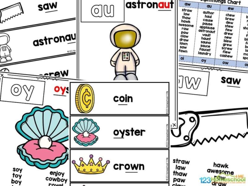 digraphs and diphthongs worksheets There are a total of 11 pages in this pack plus a black and white copy of each page. The activities included in this pack are:
Diphthongs Chart
aw - saw poster
au - astronaut poster
ew - screw poster
oo - moon poster
oi - coin poster
oy - oyster poster
ow - crown poster
ou - house poster
Each of the posters in a long strip
Color and black and white copies of each page