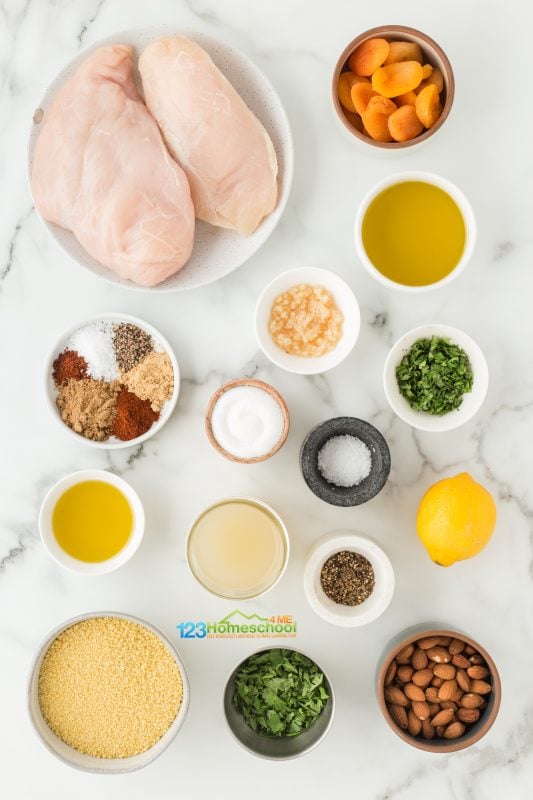 moroccan chicken ingredients It is simple to make this yummy dinner recipe with a few ingredients:
skinless chicken breast
cloves garlic
powdered ginger
cilantro
smoked paprika
cumin
chili powder
granulated sugar
salt
ground pepper
olive oil
lemon
chicken broth
couscous
dried apricots
almonds