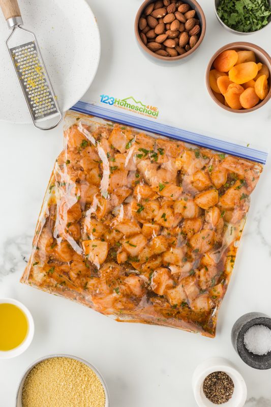 moroccan food recipes chicken Start by cutting your chicken into bite-sized pieces and toss them into a resealable bag. Zip it up and give the bag a gentle squish to ensure every piece is thoroughly coated in those flavorful spices. Let the chicken marinate in this savory goodness for at least one hour—up to 10 hours for maximum flavor!